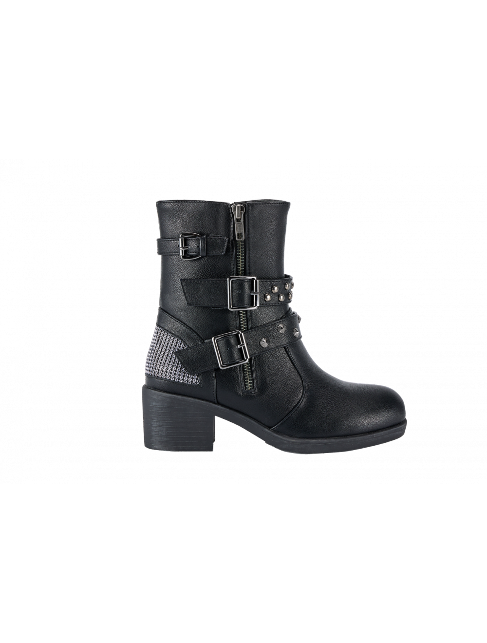Ladies Zippered Black Multi-Studded Buckle Boots By Dream Apparel