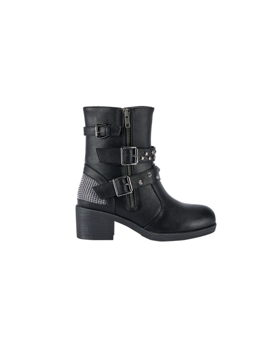 Ladies Zippered Black Multi-Studded Buckle Boots By Dream Apparel
