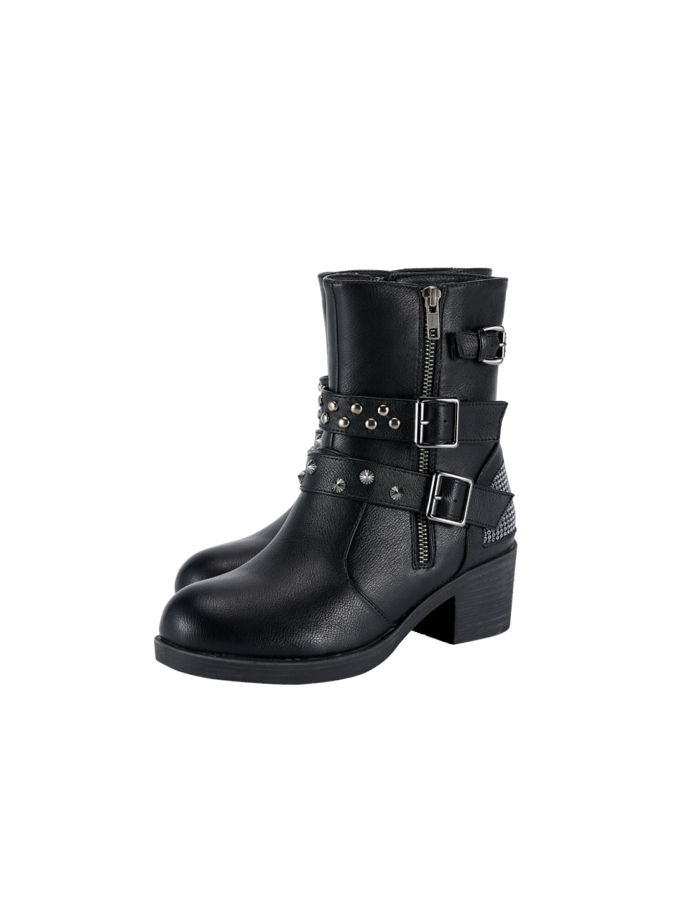 Ladies Zippered Black Multi-Studded Buckle Boots By Dream Apparel