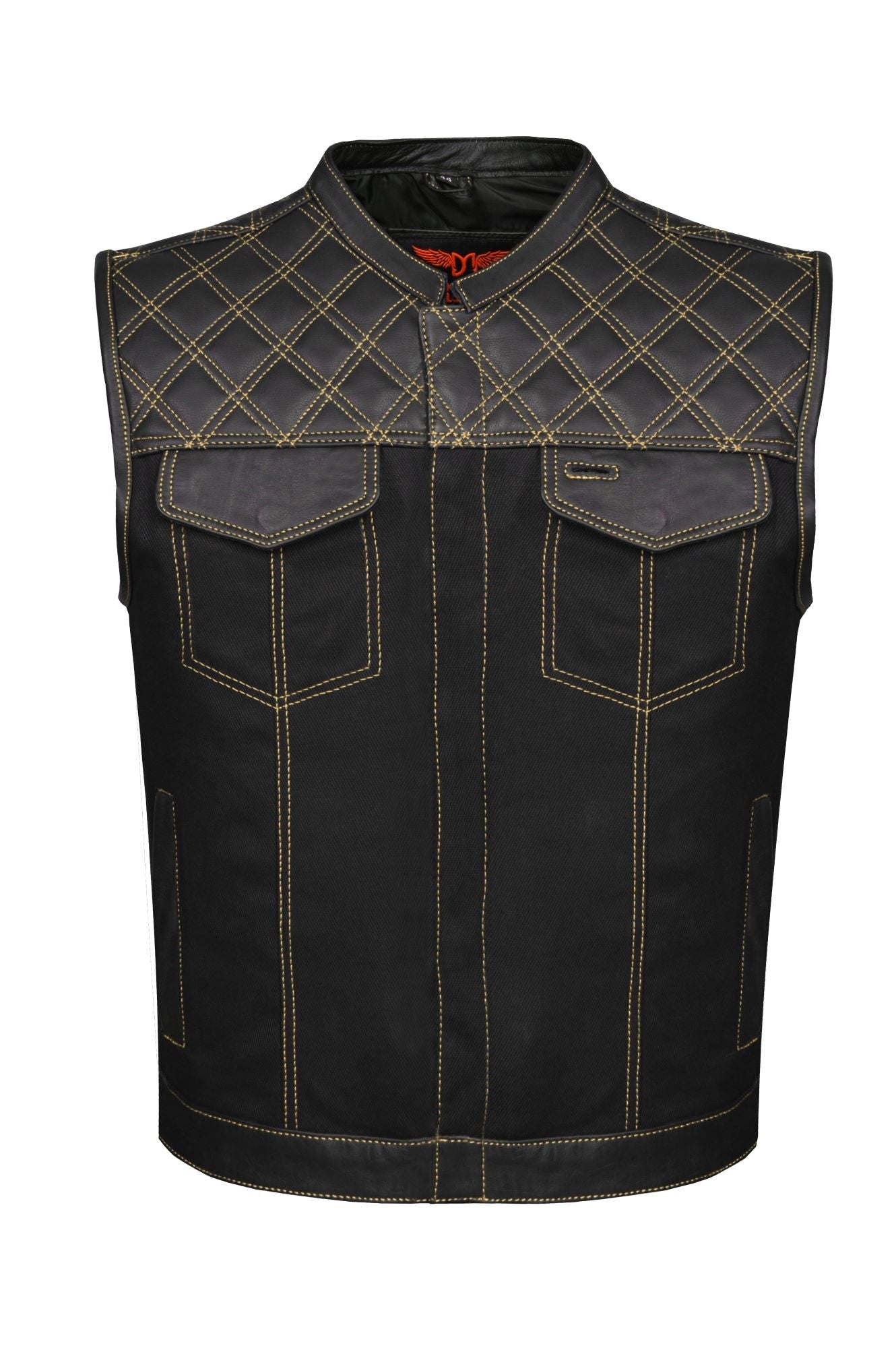 Dream Apparel Mens Black Club Vest Diamond Design Gold Thread Leather & Denim
